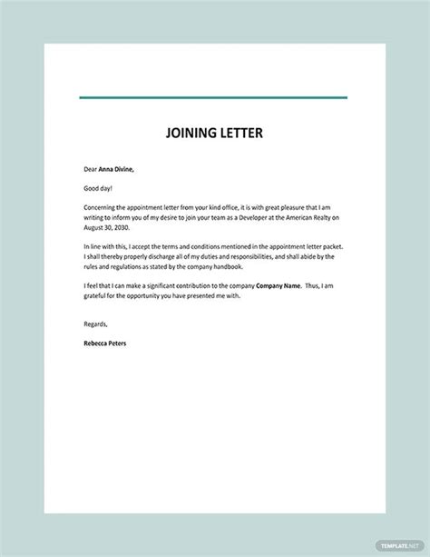 sample joining letter format in word