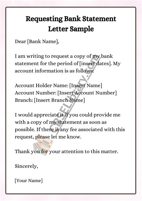 sample letter for requesting bank statement