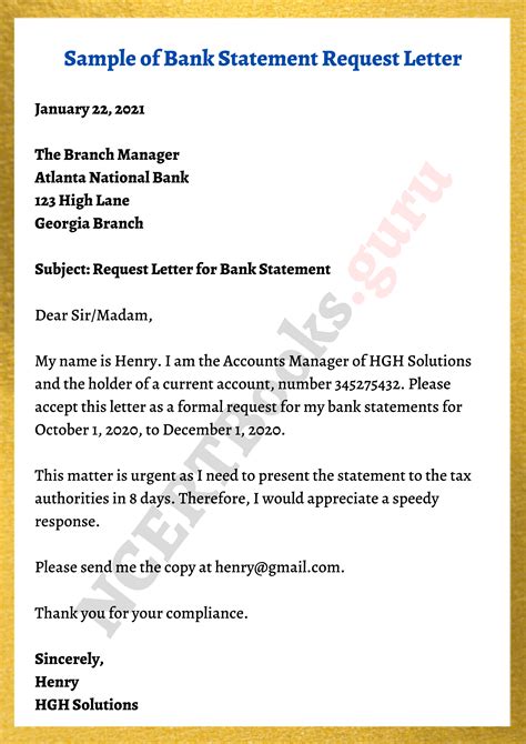 sample letter format for request bank statement