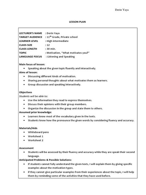 sample motivation in lesson plan