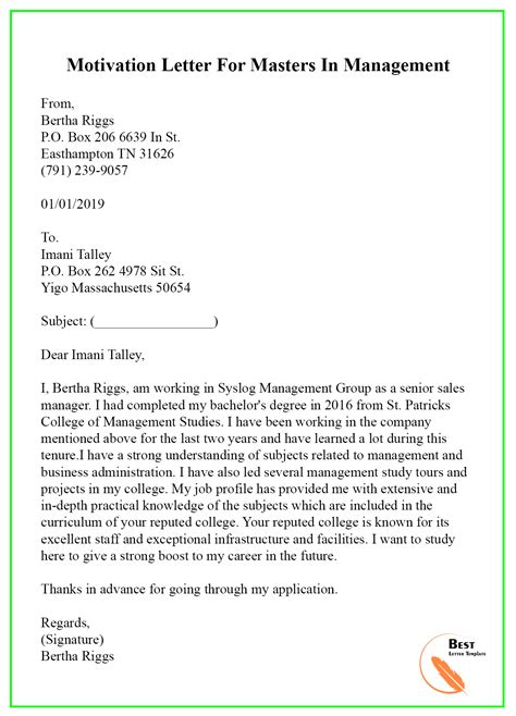 sample motivation letter for master's degree word