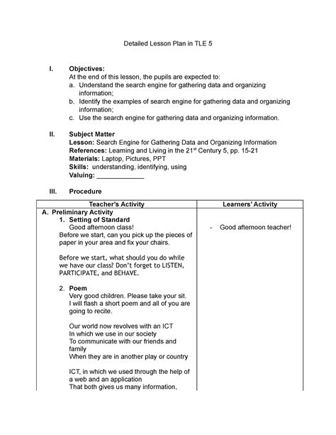 sample objectives in lesson plan in tle