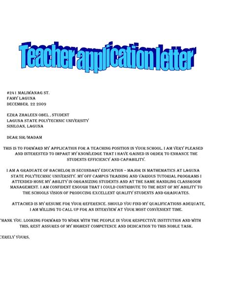 sample of application letter in teaching