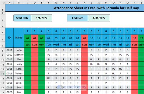 sample of attendance sheet in excel with formula