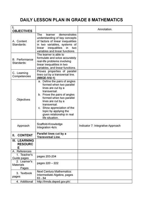 sample of daily lesson plan in mathematics
