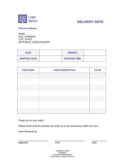 sample of delivery note in word format