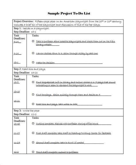 sample of project to do list