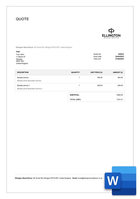 sample of quotation invoice in word