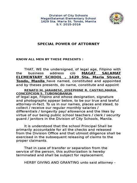 sample of special power of attorney for authorization to process documents in bir