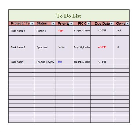 sample of to do list in excel