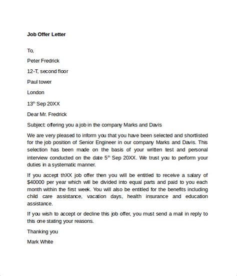 sample offer letter format in word