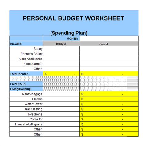 sample personal budget template excel