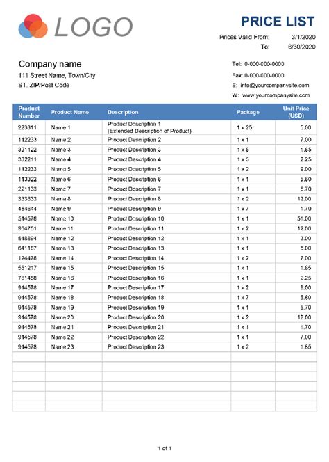sample price list format excel