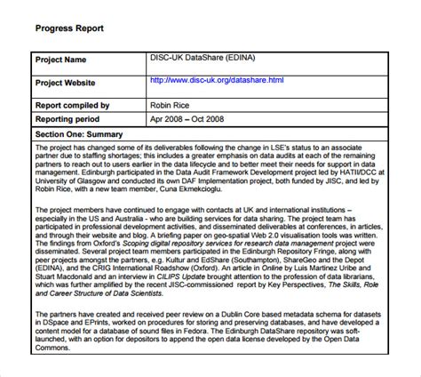 sample project progress report pdf