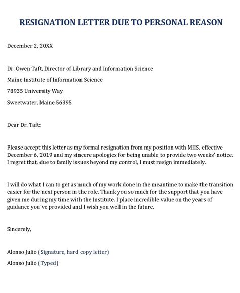 sample resignation resign letter format in english for personal reason