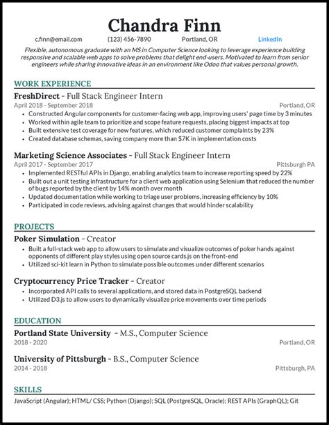 sample resume for masters in computer science