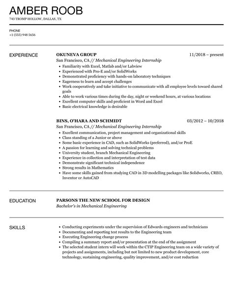 sample resume for mechanical engineering internship