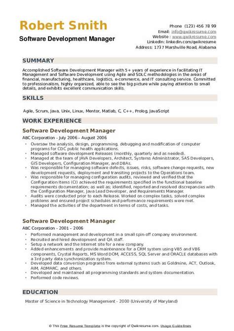 sample resume software development manager