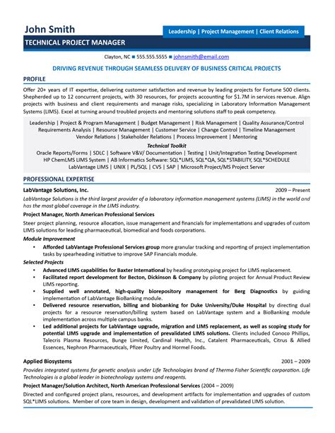 sample resume technical project manager