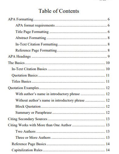 sample table of contents in apa format