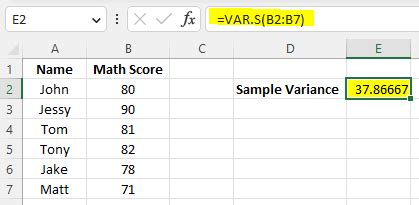 sample variance equation excel