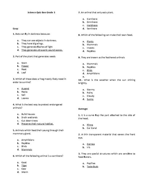 science trivia questions and answers for grade 3