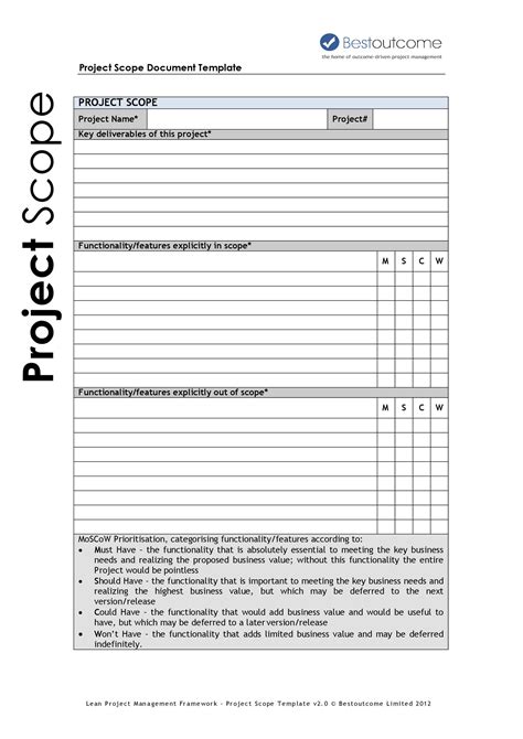 scope statement template excel