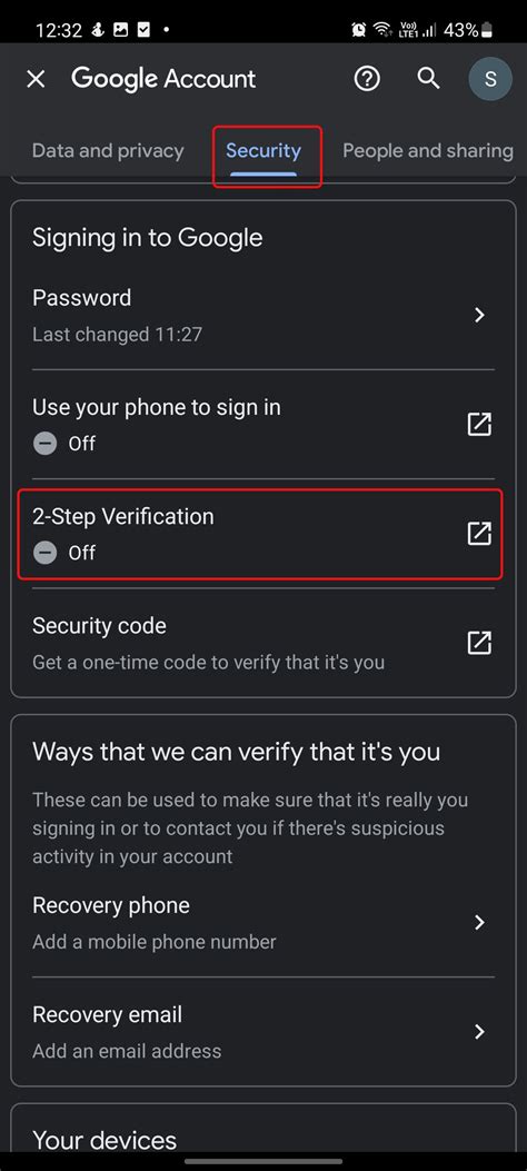 security tab google account mobile