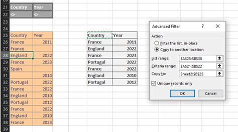 select distinct values from two columns in excel