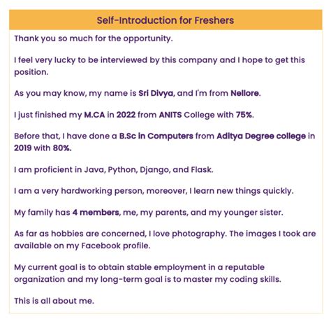 self introduction for abroad interview sample for freshers