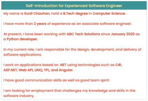 self introduction in interview for experienced software engineer