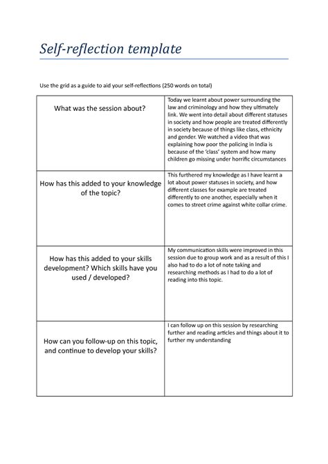 self reflection examples for university students