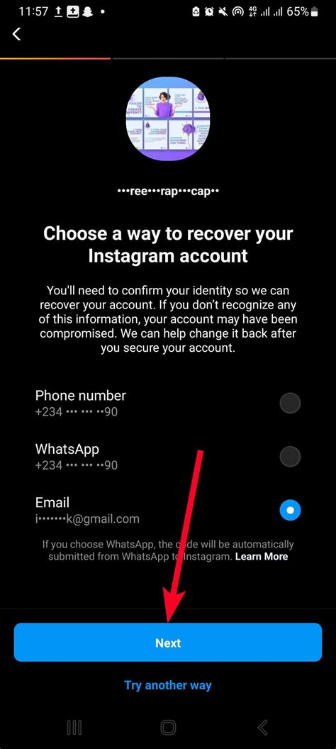 send instagram login code to email