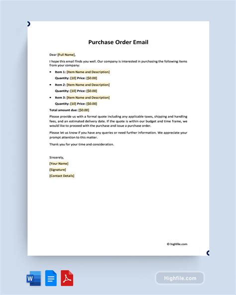 sending purchase order email sample pdf