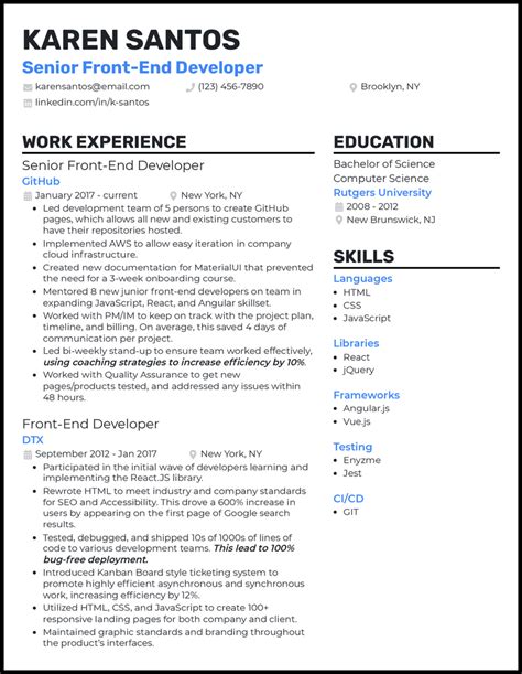 senior front end developer cv example