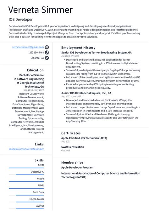 senior ios developer cv example