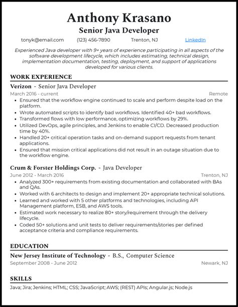 senior java developer cv example