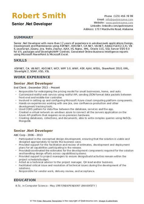 senior net developer resume sample