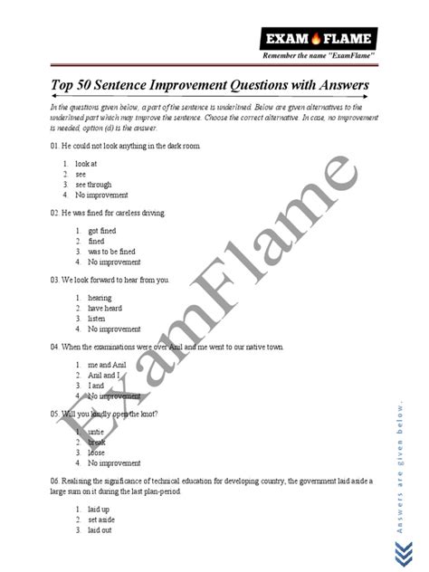 sentence improvement questions and answers pdf