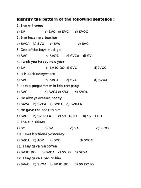 sentence pattern test with answers