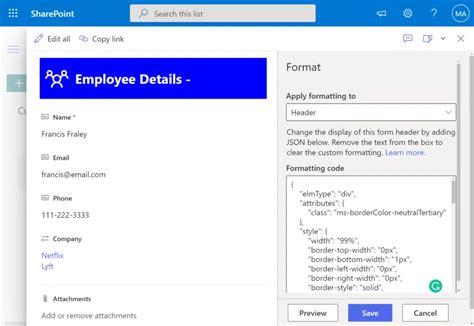 sharepoint list form header json examples