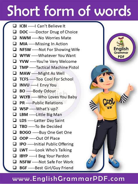short form of some english words