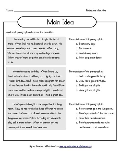 short main idea examples with answers