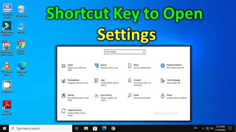 shortcut key combination to open settings app in windows 10