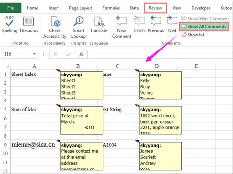 shortcut key to show all comments in excel