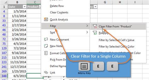 shortcut to clear filter from one column in excel