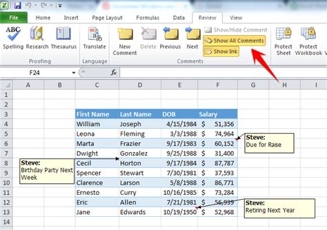 shortcut to show all comments in excel