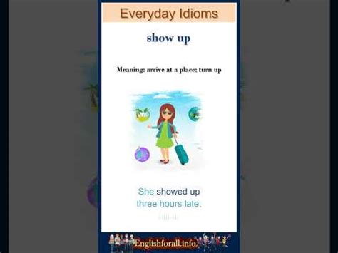 show up meaning in english with example