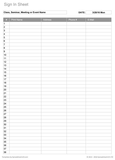 sign in sheet template excel pdf