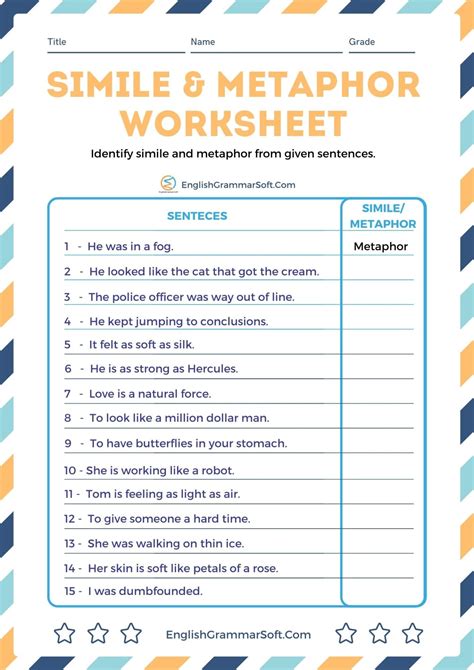 simile and metaphor examples worksheet